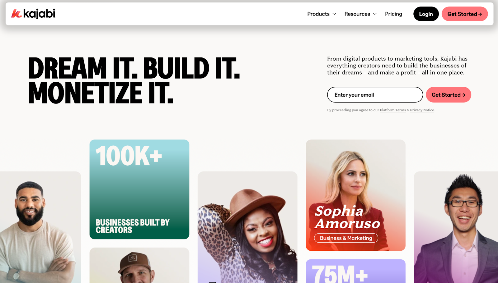 Kajabi's homepage titled "Dream it.Build it. Monetize it.